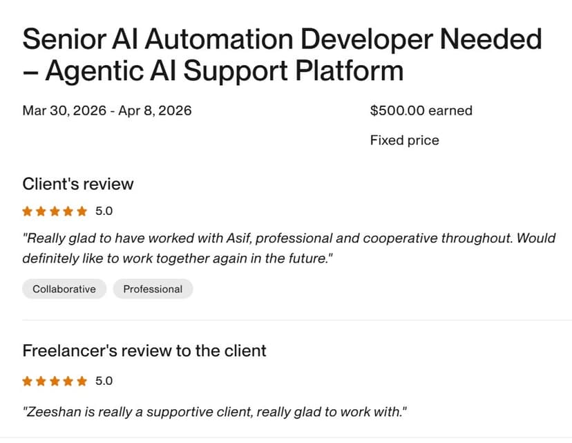 Senior AI Automation Developer β Upwork review screenshot