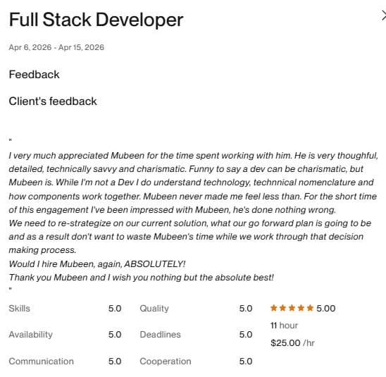 Full Stack Developer β Upwork review screenshot