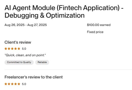 AI Agent Module β Fintech App β Upwork review screenshot