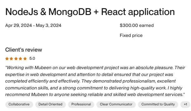 NodeJS & MongoDB + React App β Upwork review screenshot